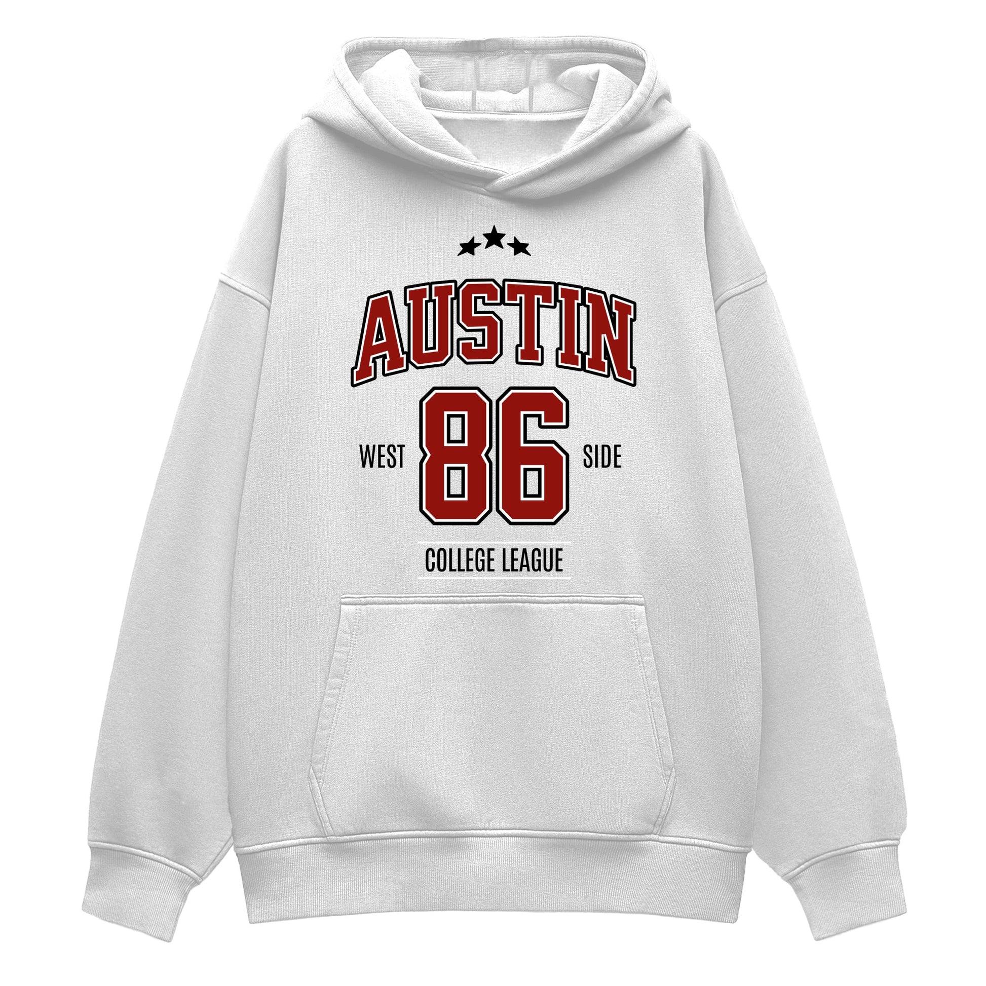 White hoodie with 'Austin 86' text design on a white background