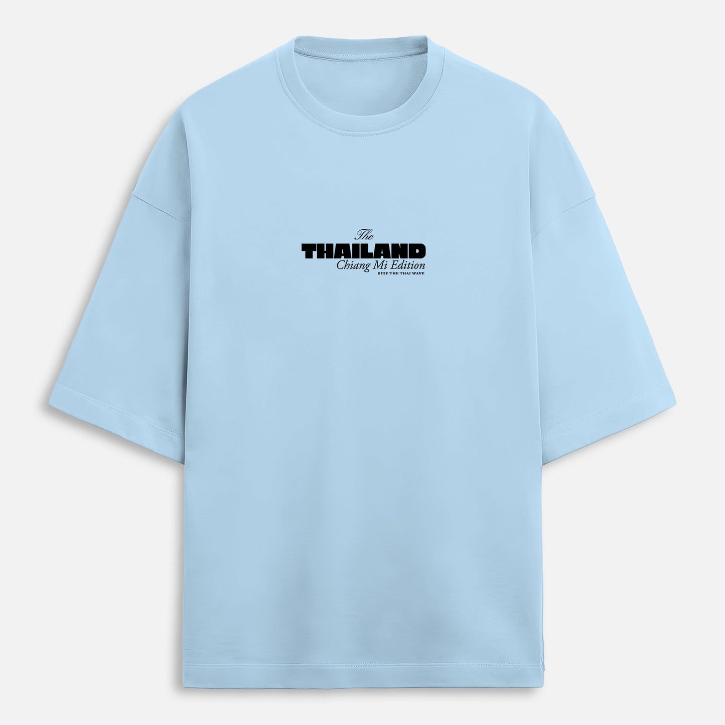 Light blue t-shirt with black text on a white background
