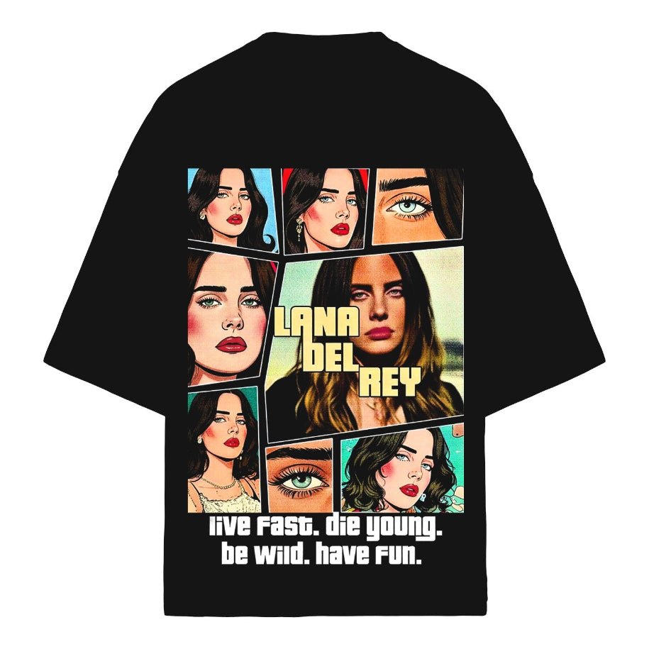 Black t-shirt with collage of faces and text 'Lana Del Rey' on a white background