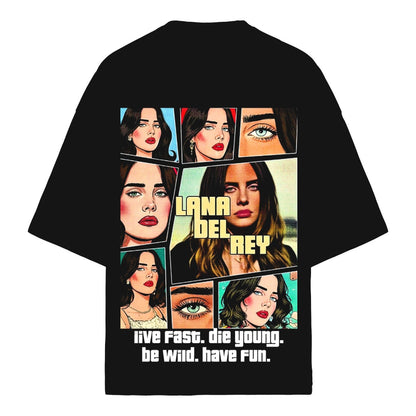 Black t-shirt with collage of faces and text 'Lana Del Rey' on a white background