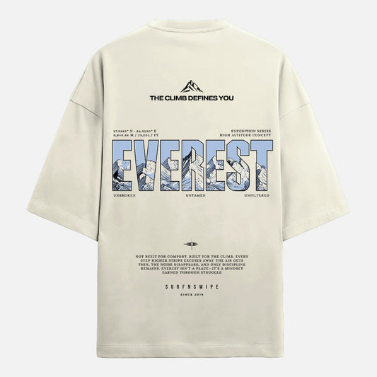 Beige t-shirt with Everest graphic and text on a white background