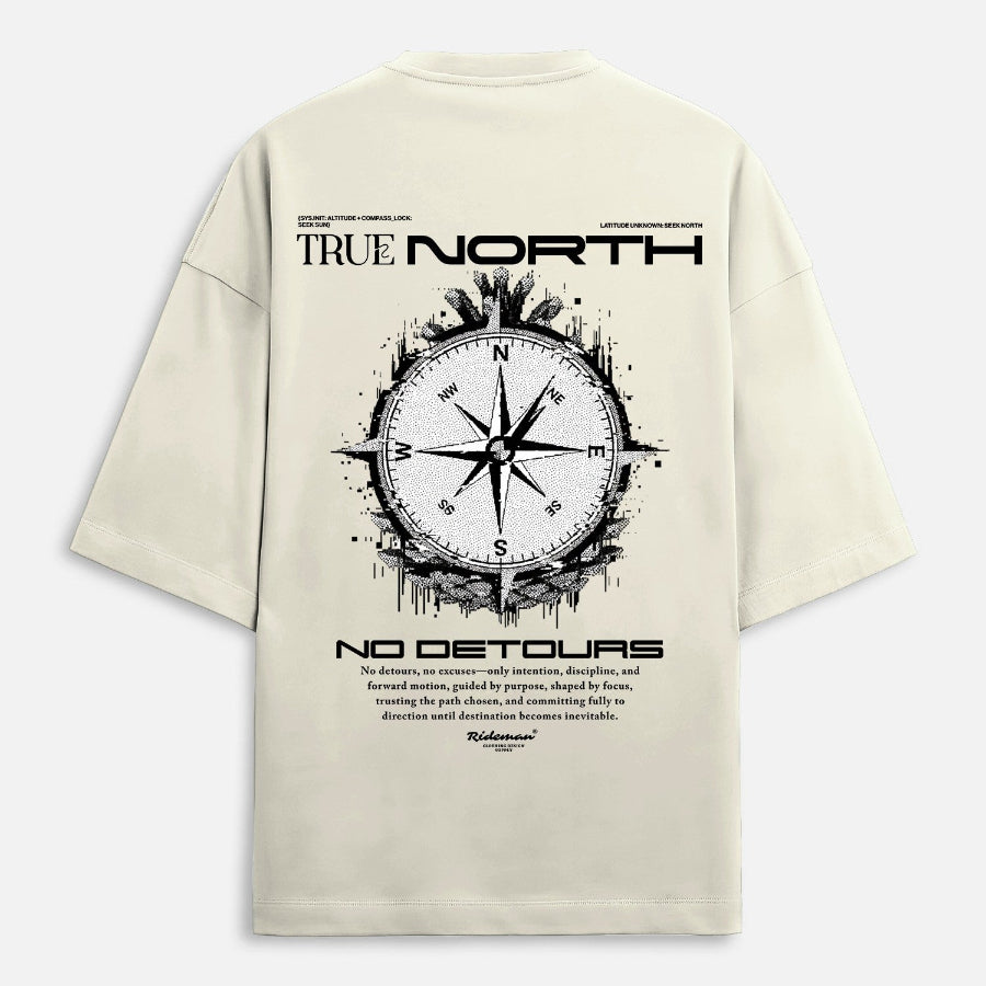 Beige t-shirt with a compass design and text on the back, on a white background
