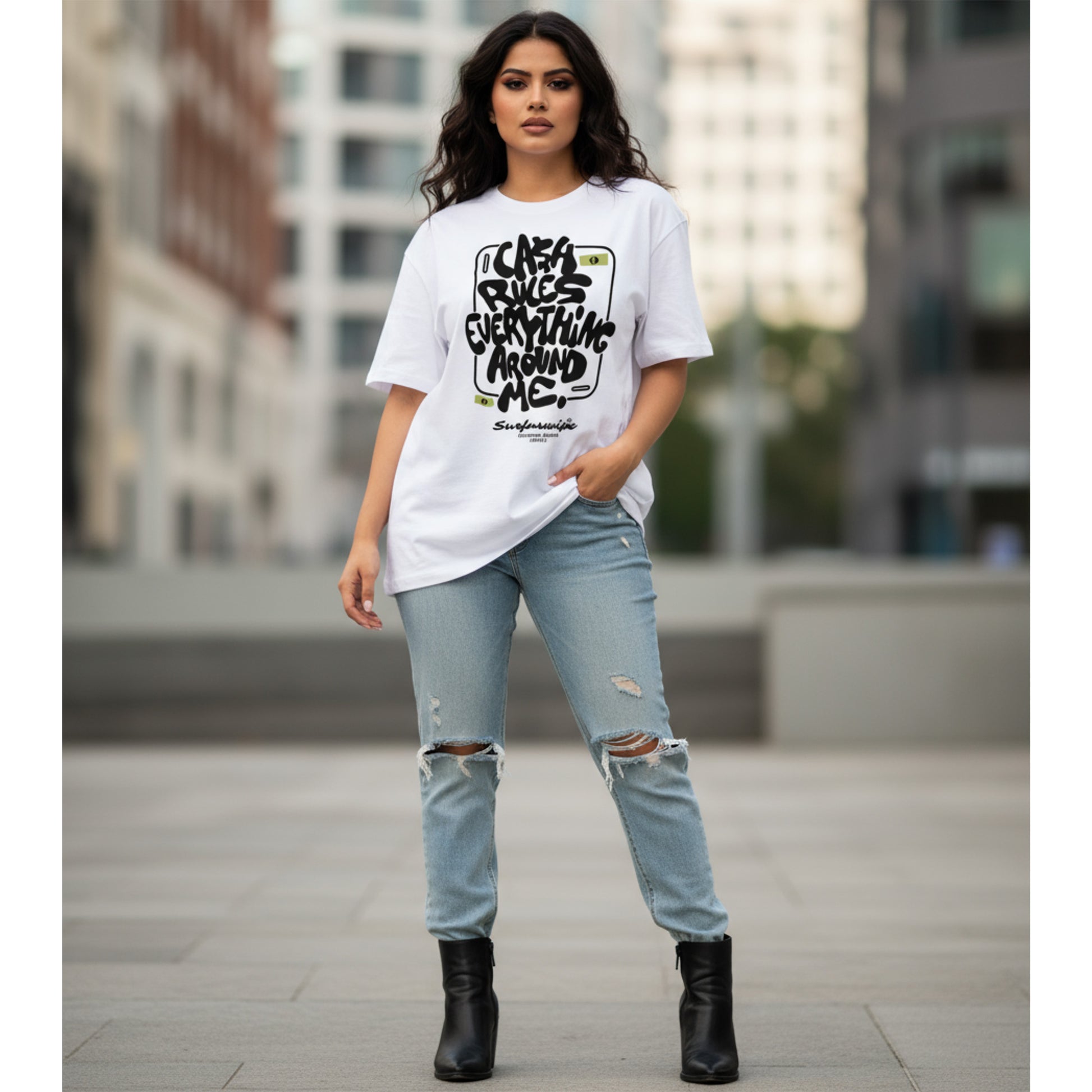 Woman wearing a white t-shirt with text and light blue jeans in an urban setting