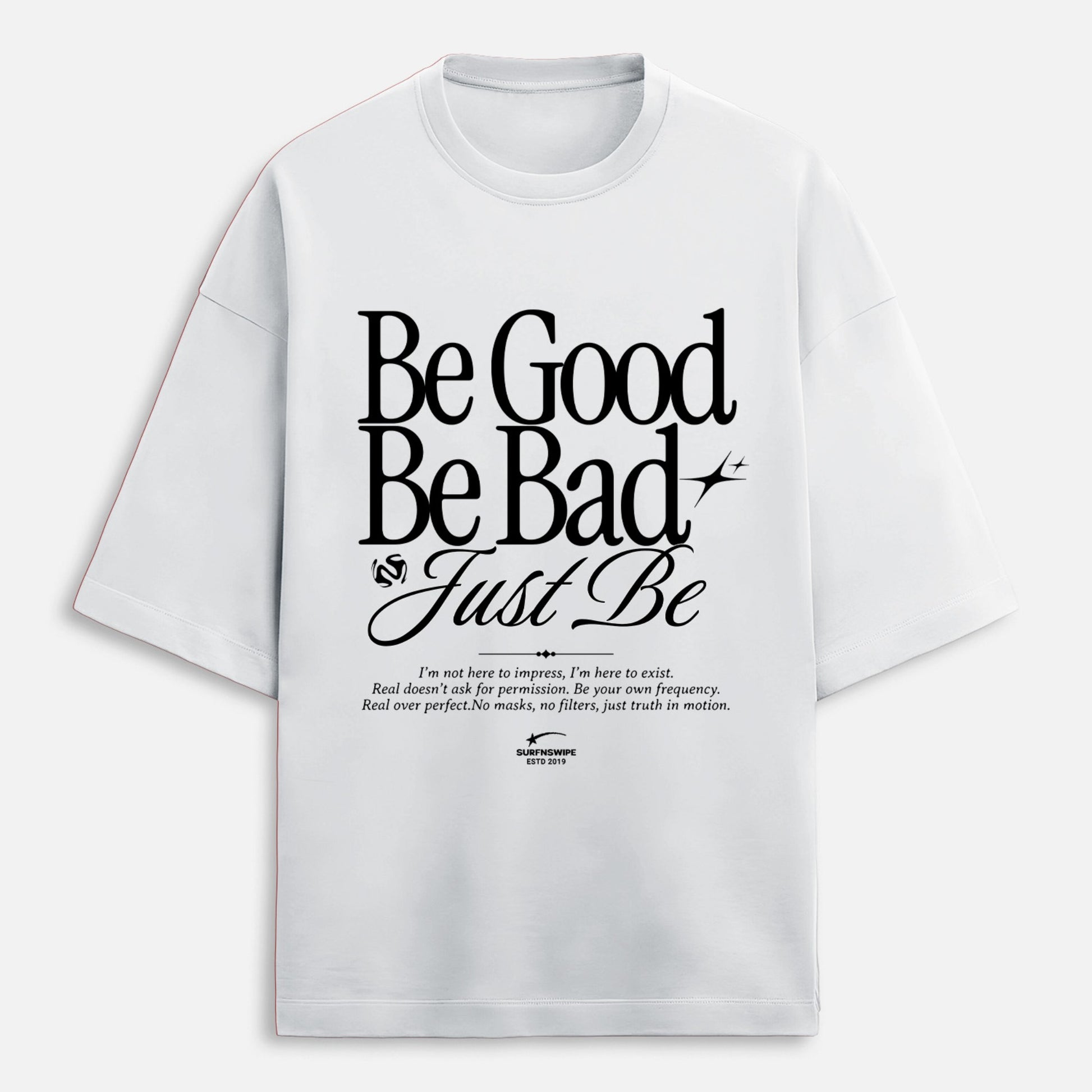 White t-shirt with black text on a white background
