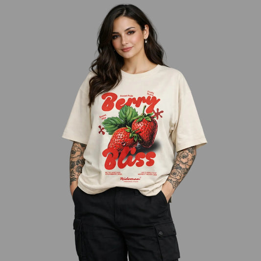 Woman wearing a t-shirt with 'Berry Bliss' design on a gray background