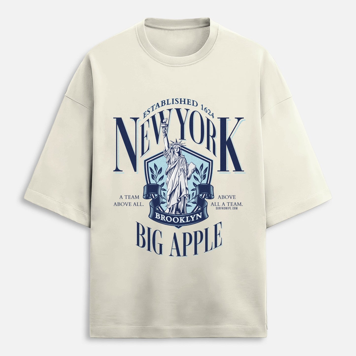 Beige t-shirt with New York-themed graphic design on a white background