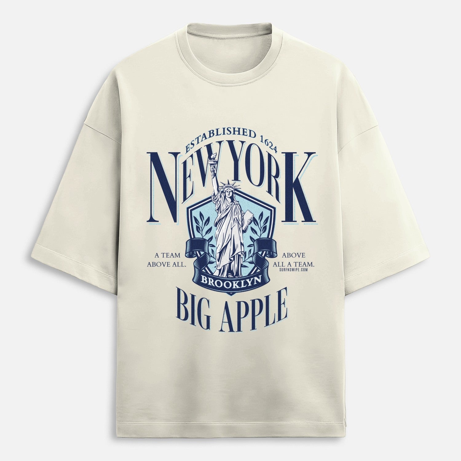 Beige t-shirt with New York-themed graphic design on a white background