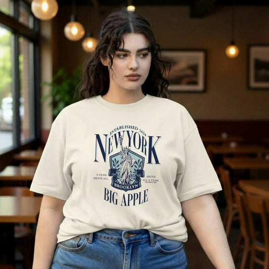 Woman wearing a 'New York Big Apple' t-shirt in a casual setting