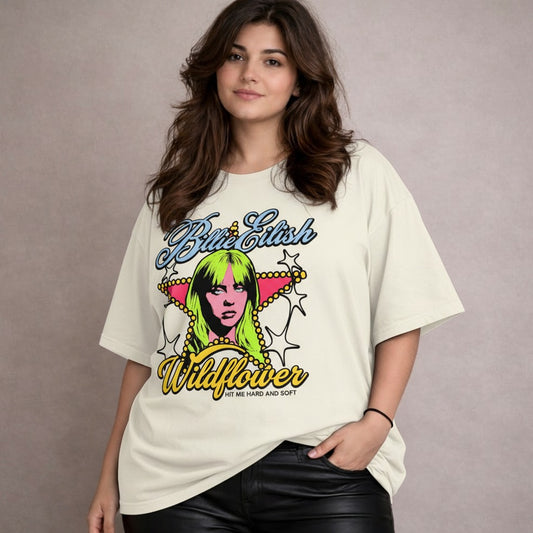 Woman wearing a t-shirt with graphic design and text