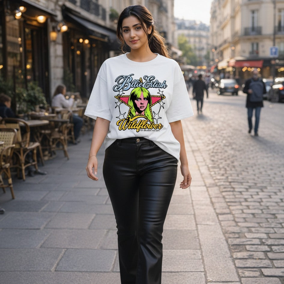 Woman wearing a white t-shirt with colorful graphics on a city street.