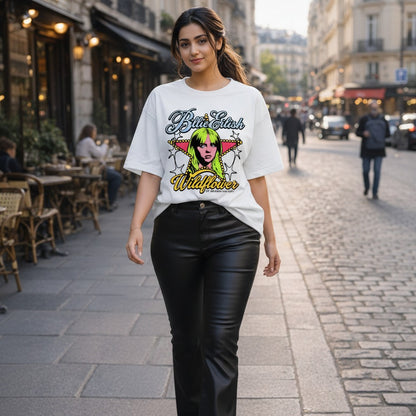Woman wearing a white t-shirt with colorful graphics on a city street.