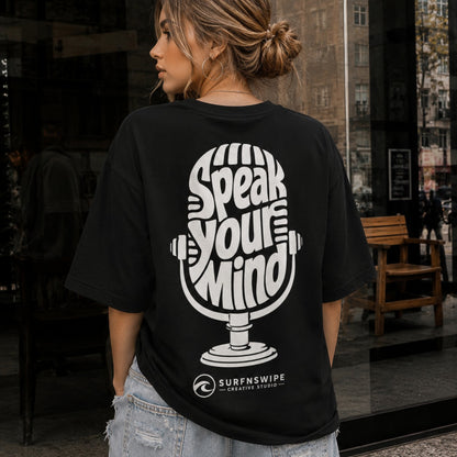 Speak Your Mind oversized graphic tee back print — vintage mic design on jet black heavyweight cotton