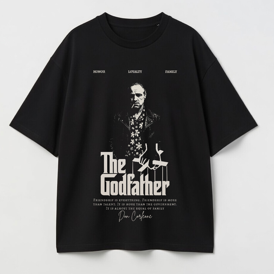 Black t-shirt with 'The Godfather' graphic and text on a white background