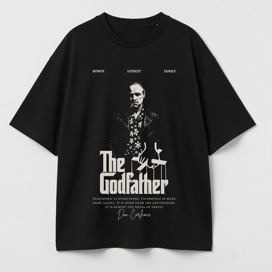 Black t-shirt with 'The Godfather' graphic and text on a white background