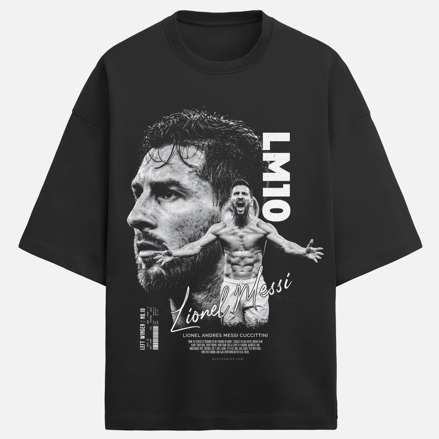 Black t-shirt with graphic of a famous sports figure and text on a white background