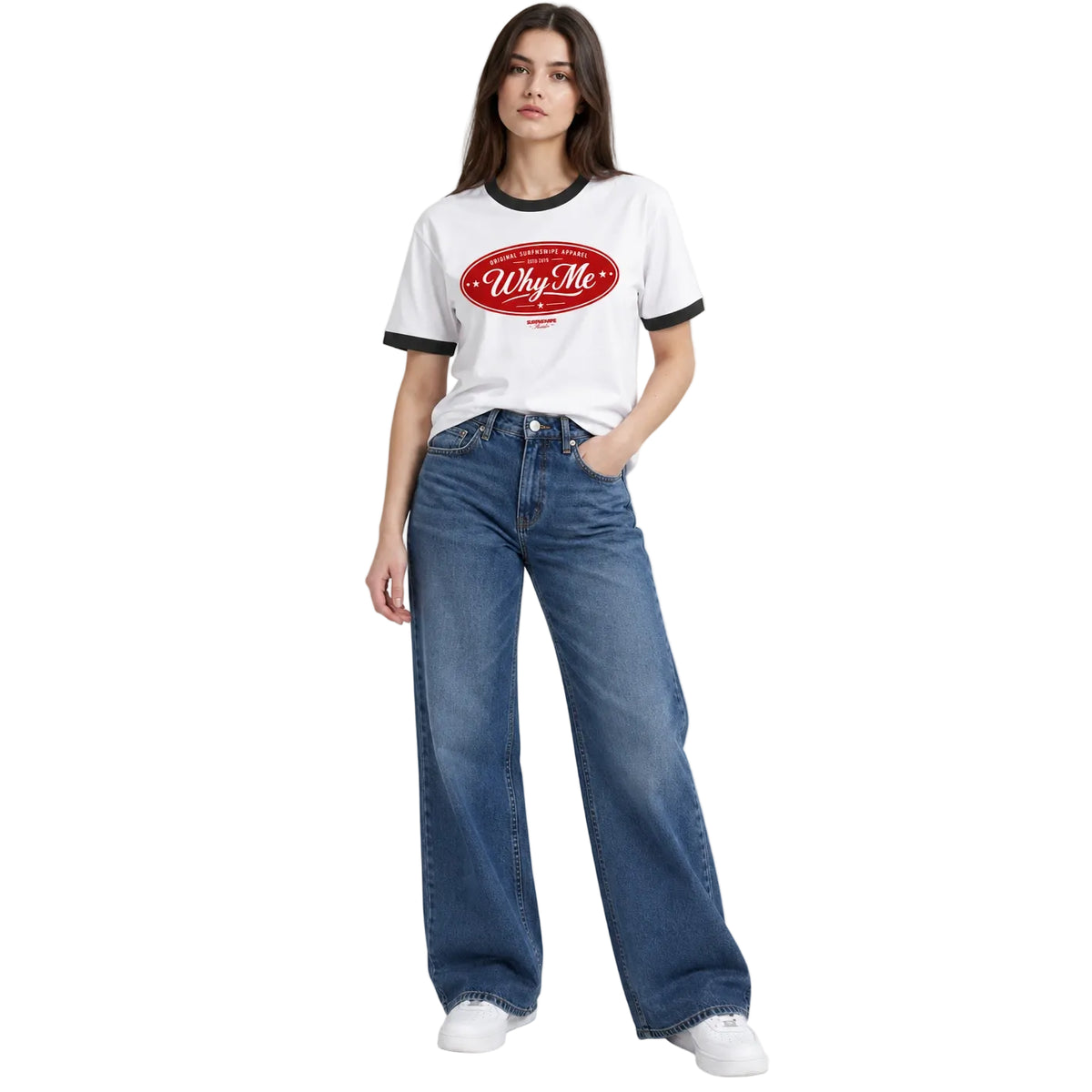 Woman wearing regular fit maroon ringer blue jeans
