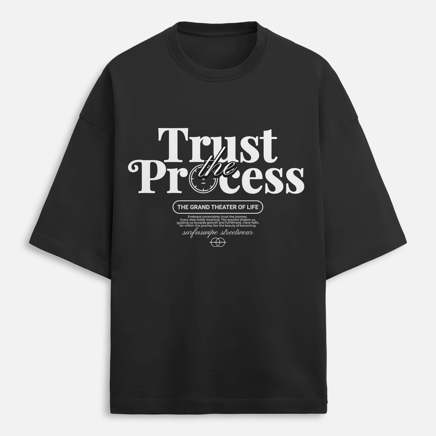 Black t-shirt with 'Trust the Process' text on a white background