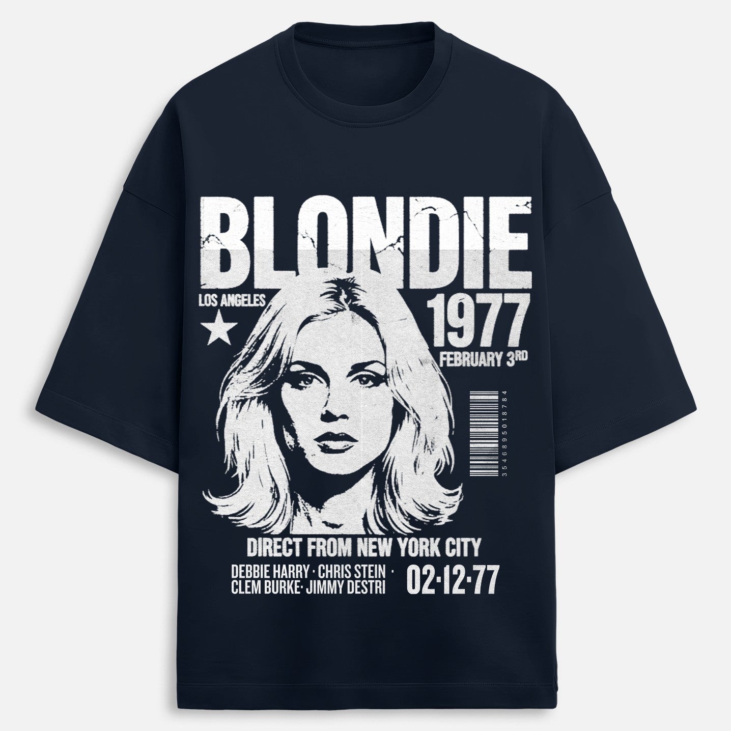 Black t-shirt with 'Blondie' graphic design featuring a woman's face on a white background