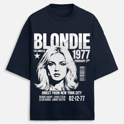 Black t-shirt with 'Blondie' graphic design featuring a woman's face on a white background