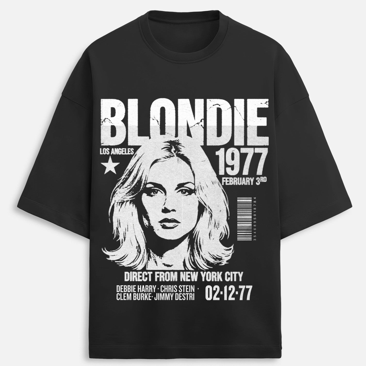 Black t-shirt with 'Blondie' graphic design featuring a woman's face and event details.
