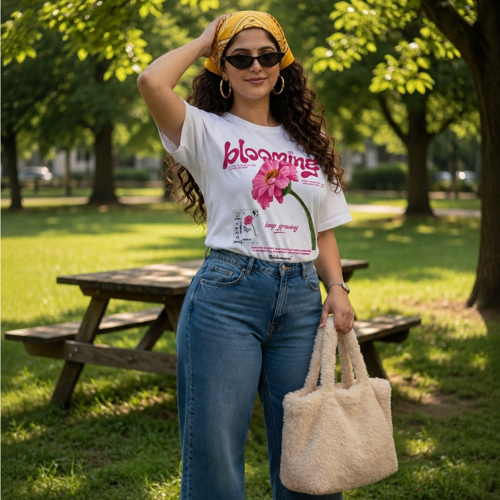 Woman in a park wearing a white t-shirt with a floral design and blue jeans, holding a beige handbag.