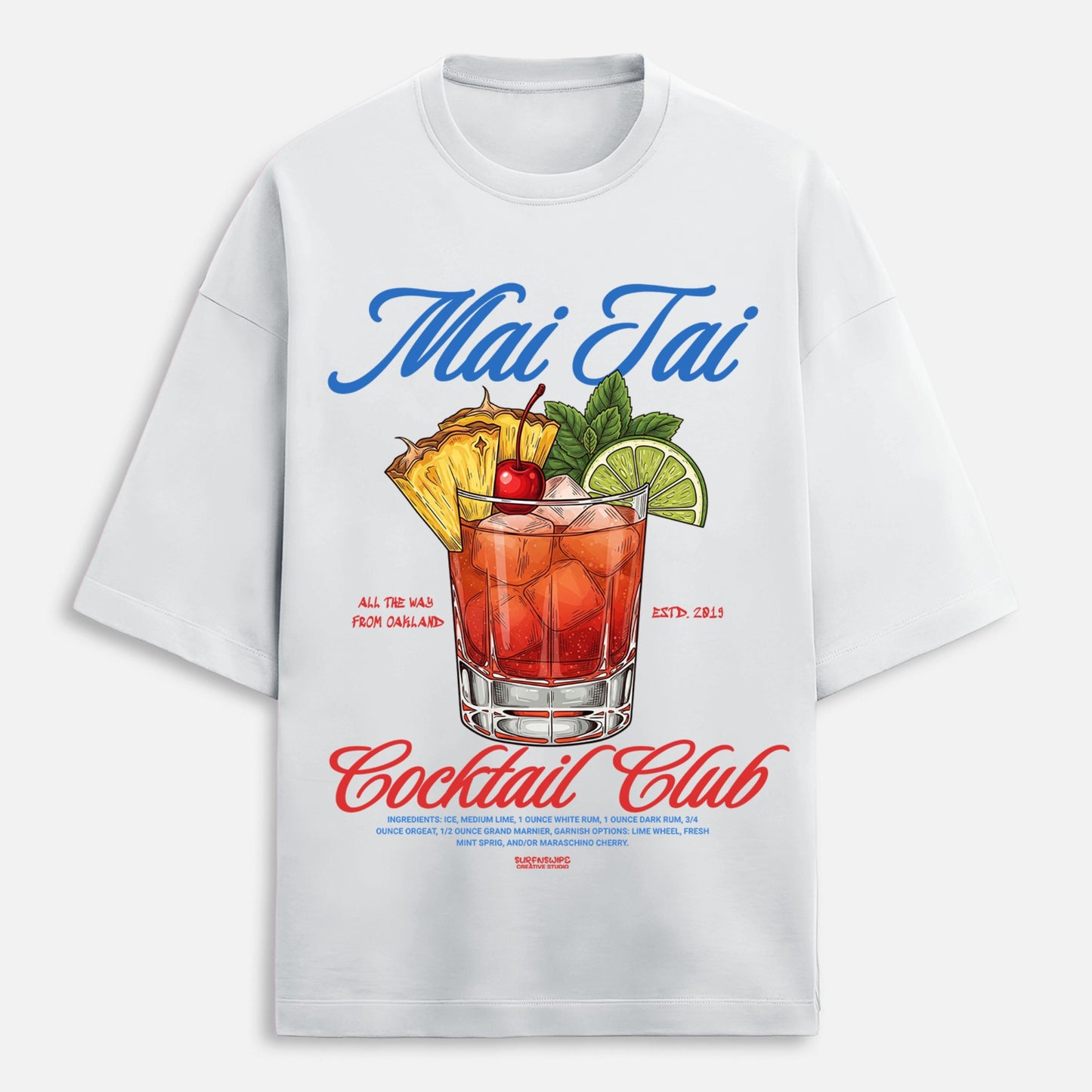 White t-shirt with Mai Tai cocktail graphic and text on a white background