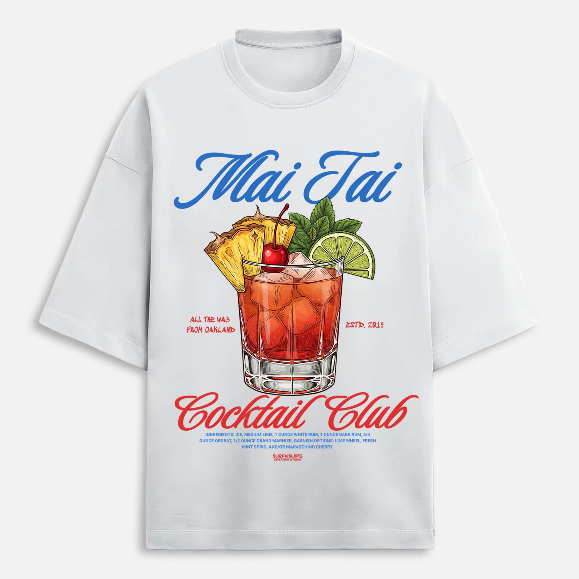 White t-shirt with Mai Tai cocktail graphic and text on a white background