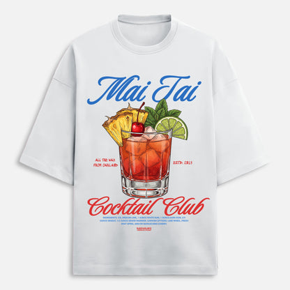 White t-shirt with Mai Tai cocktail graphic and text on a white background