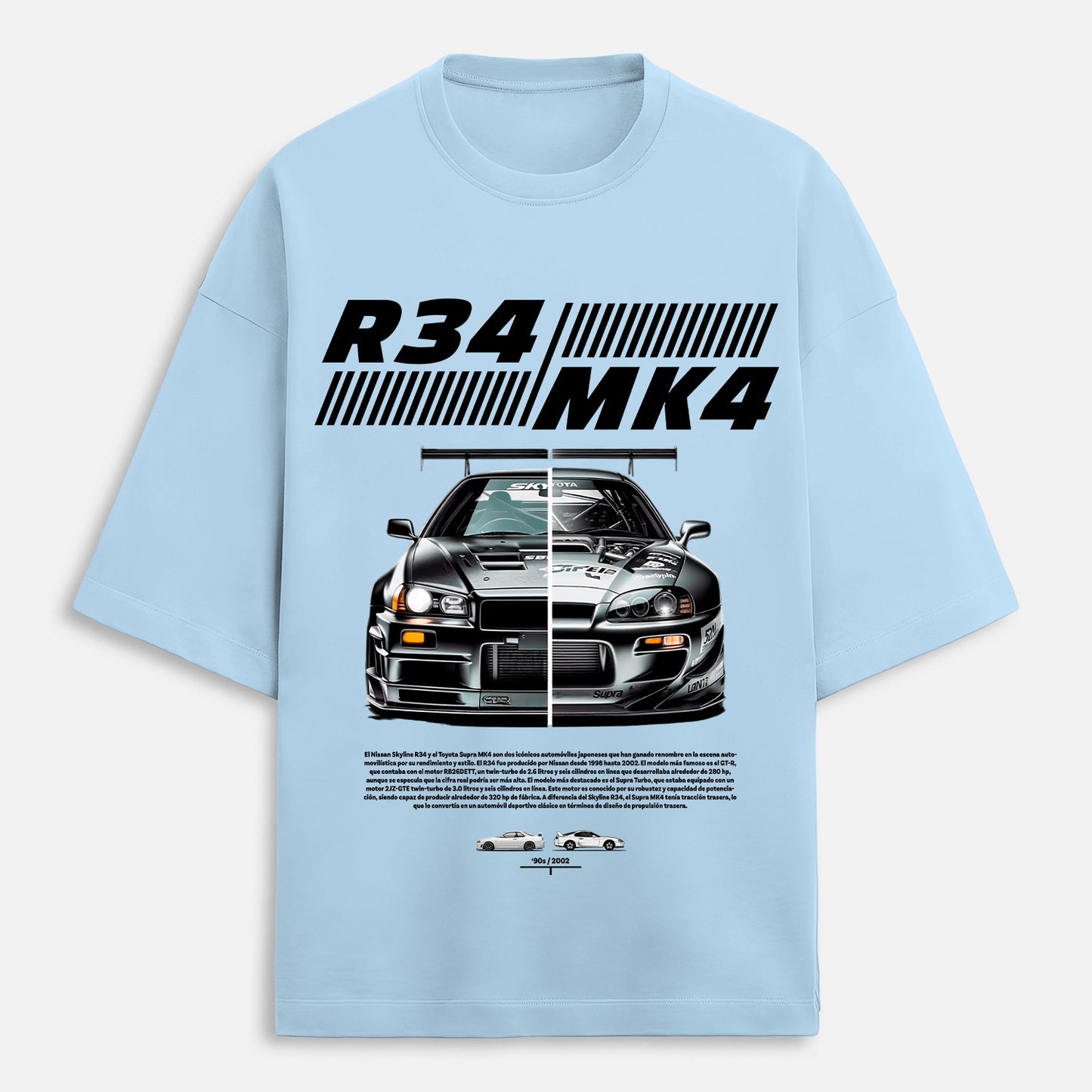 Light blue t-shirt with a car graphic and text on a white background