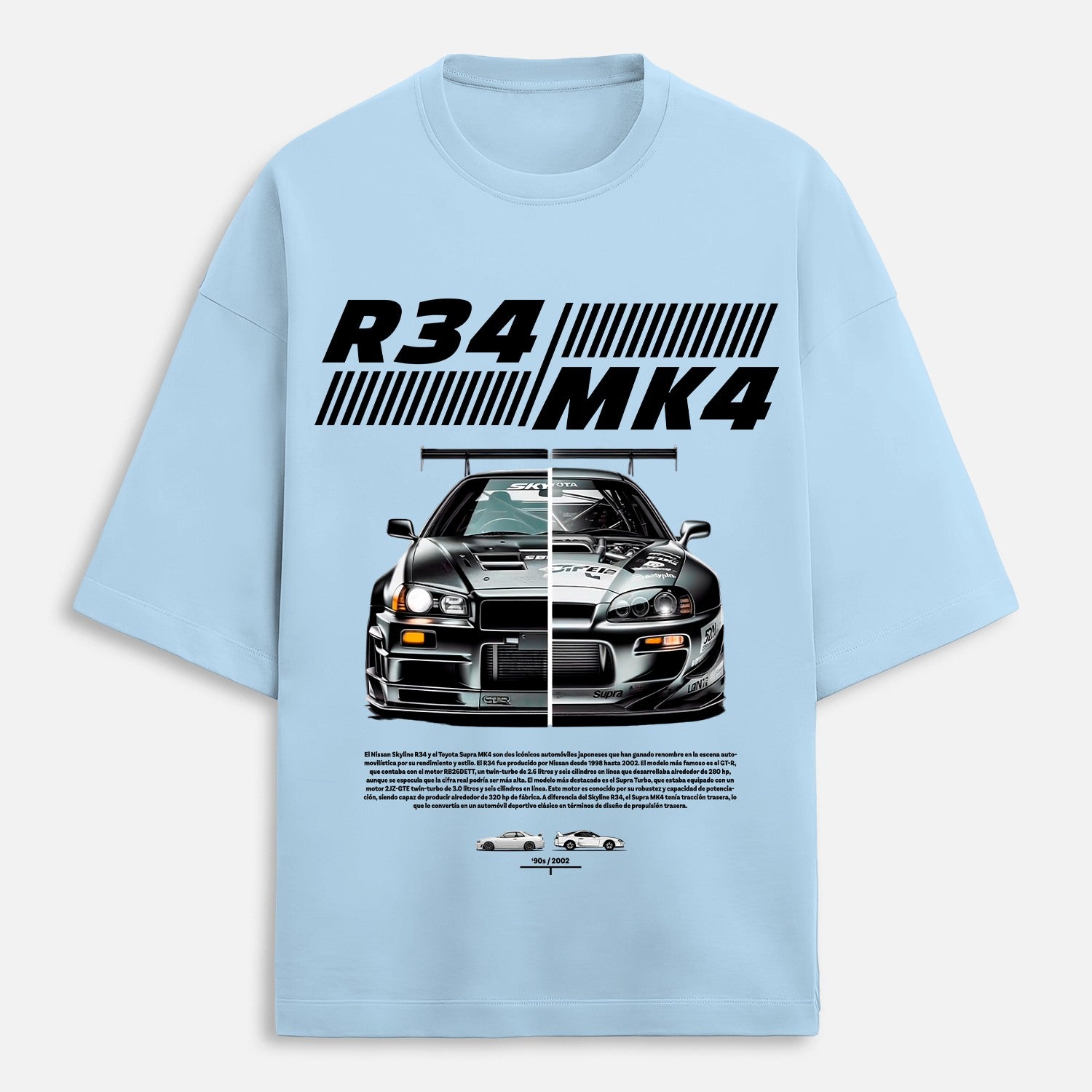 Light blue t-shirt with a car graphic and text on a white background