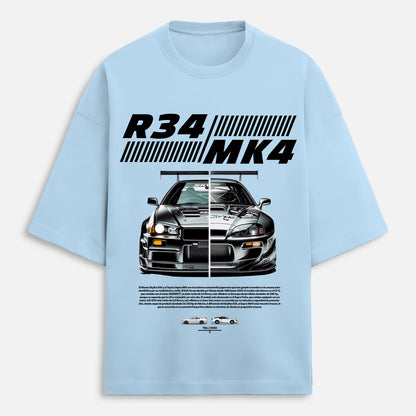 Light blue t-shirt with a car graphic and text on a white background