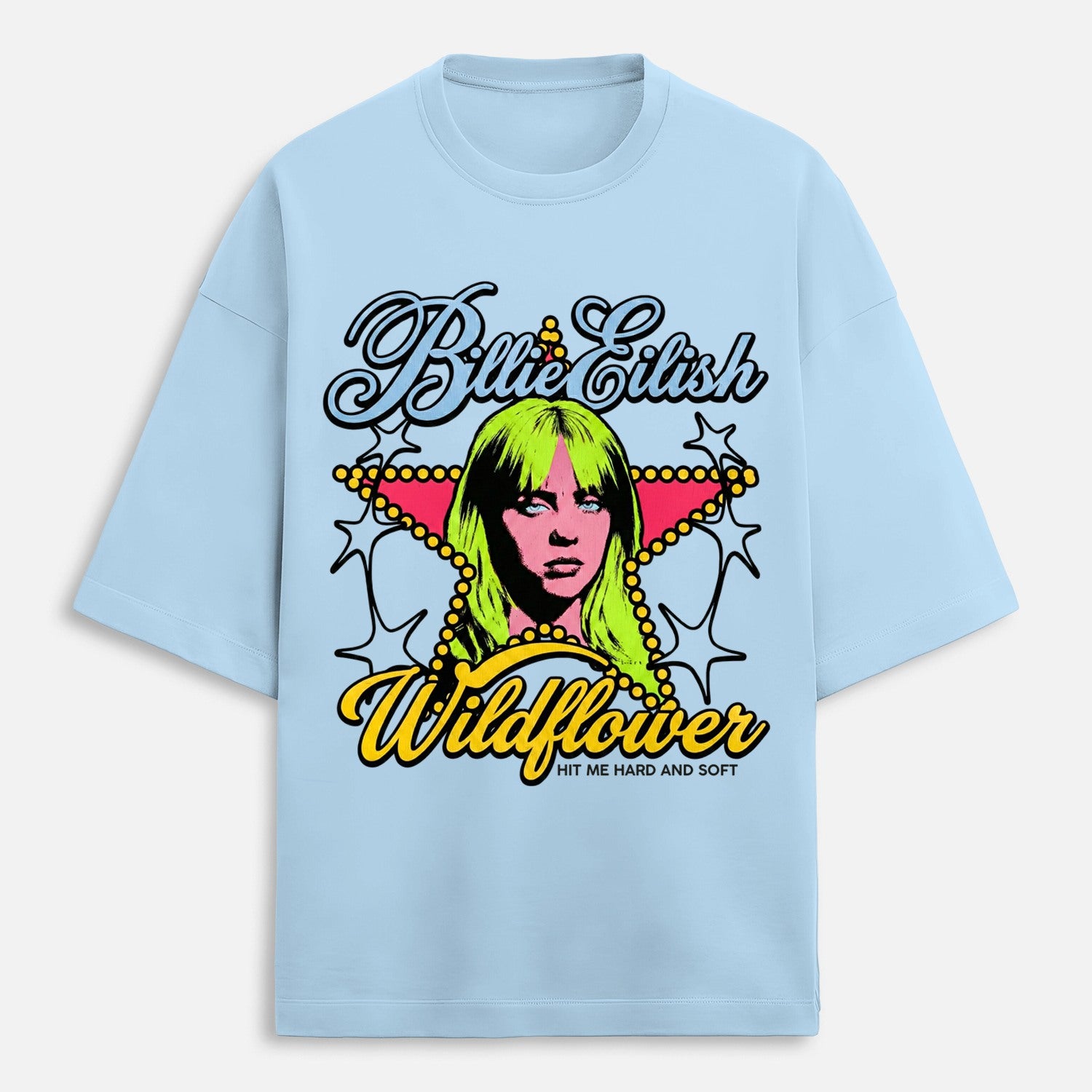 Light blue t-shirt with Billie Eilish 'Wildflower' graphic design on a white background