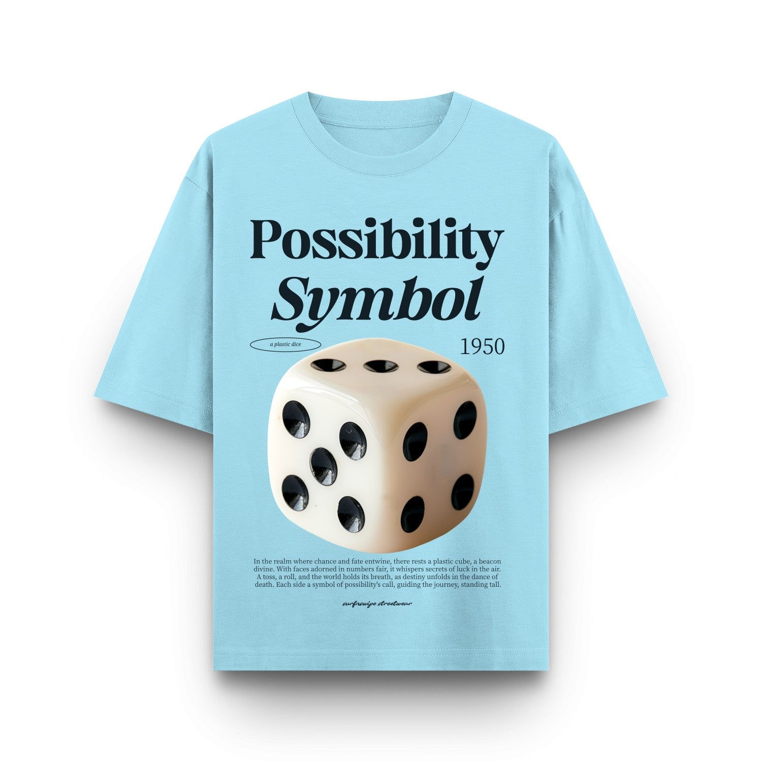 Light blue t-shirt with a dice graphic and text on a white background