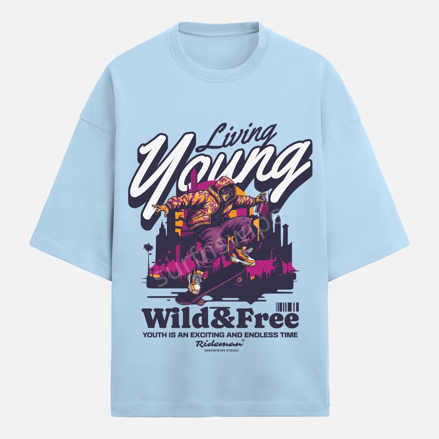 Light blue t-shirt with colorful graphic and text on a white background