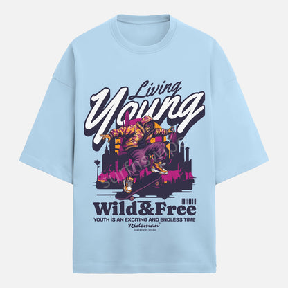 Light blue t-shirt with colorful graphic and text on a white background