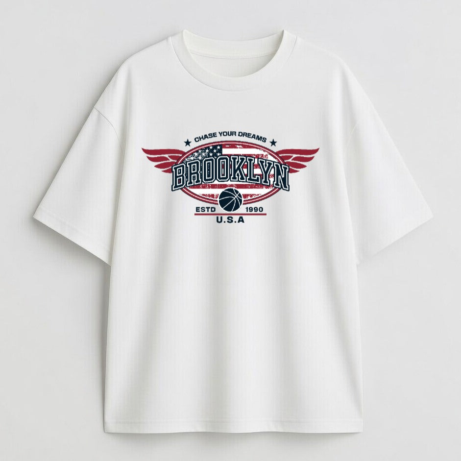 White t-shirt with 'Brooklyn' graphic design on a light gray background