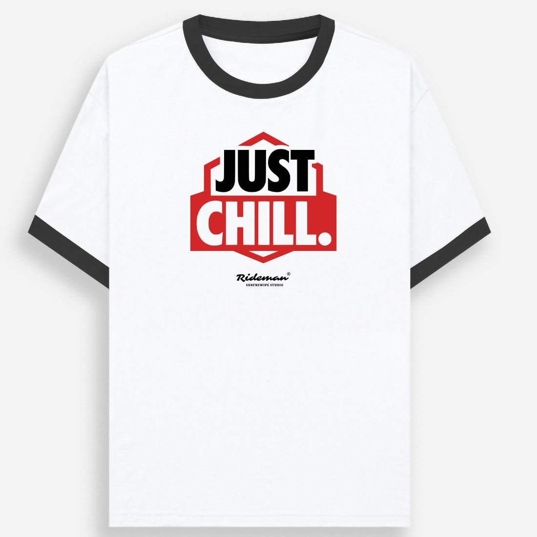 White t-shirt with 'Just Chill' graphic design on a white background