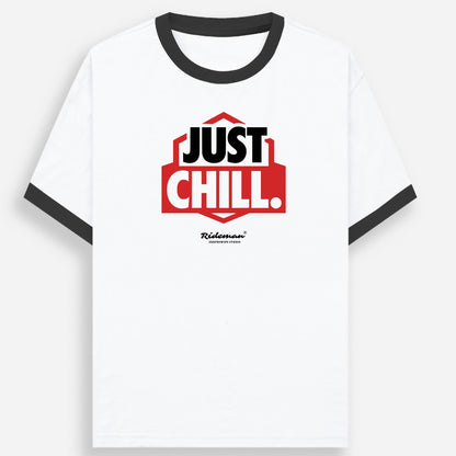White t-shirt with 'Just Chill' graphic design on a white background