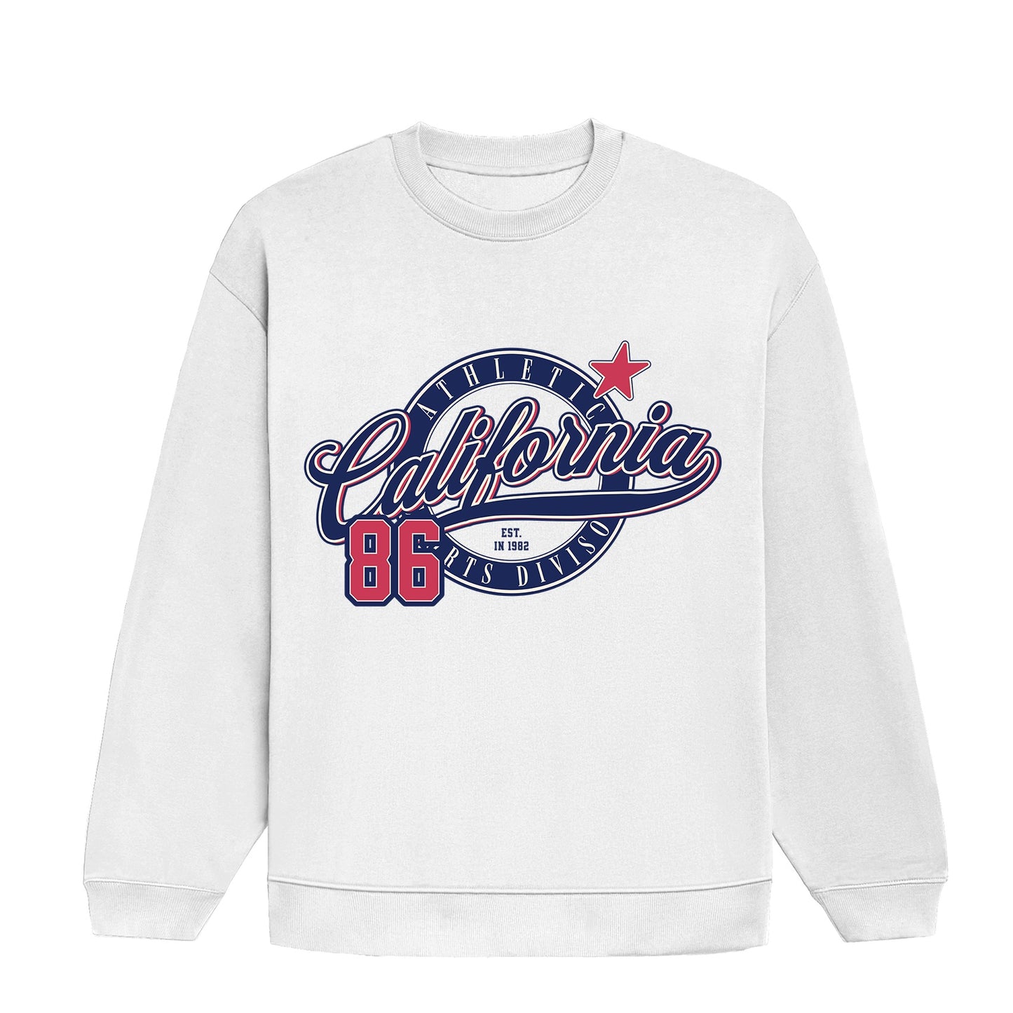 White sweatshirt with 'California 86' graphic design on a white background