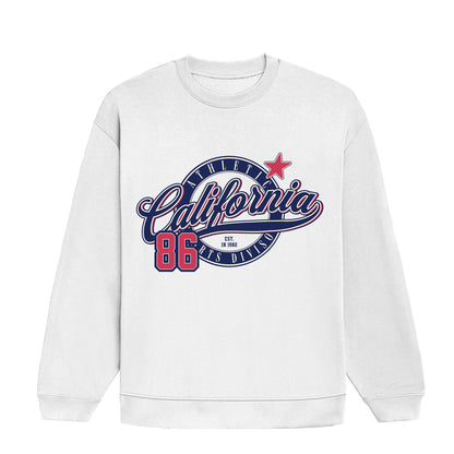 White sweatshirt with 'California 86' graphic design on a white background