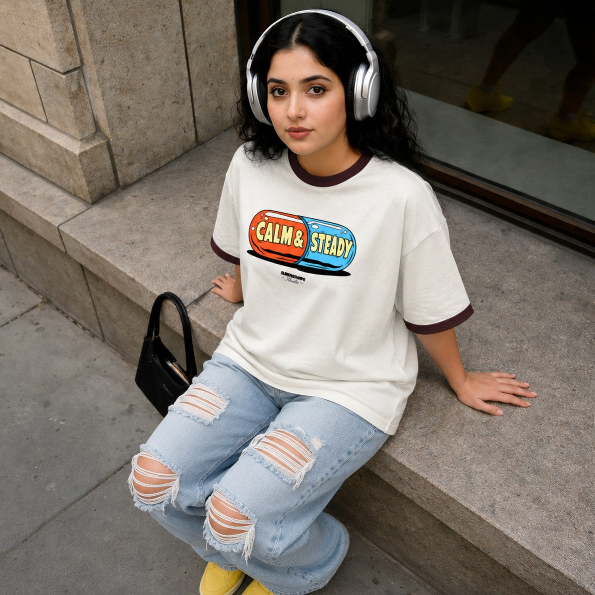 Woman wearing a 'Calm & Steady' t-shirt sitting on steps.