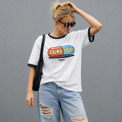 Person wearing a white t-shirt with colorful graphic and text, standing against a gray background