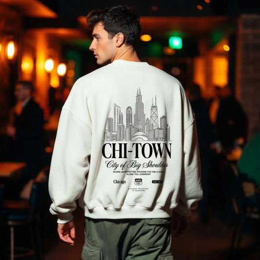 Man wearing a sweatshirt with 'CHI-TOWN' design in an indoor setting
