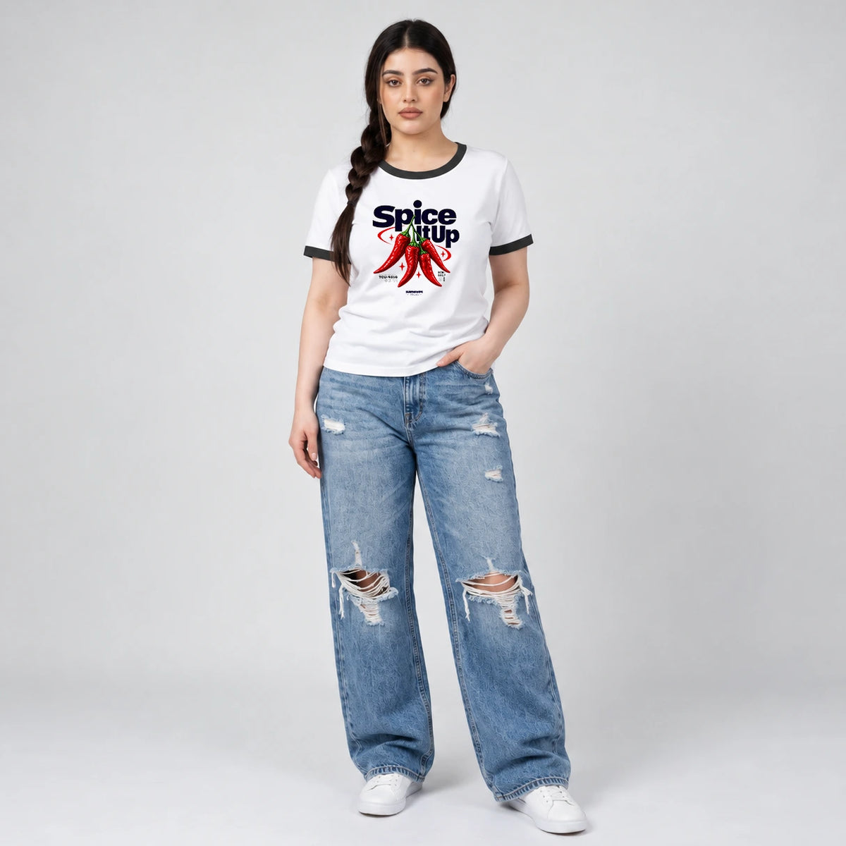 Chili print ringer T-shirt in white with black contrast neck and sleeve trim, unisex cotton tee