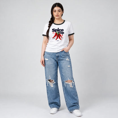 Chili print ringer T-shirt in white with black contrast neck and sleeve trim, unisex cotton tee