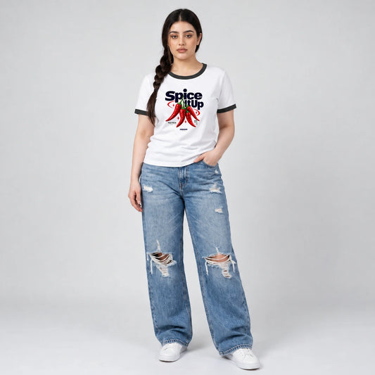 Chili print ringer T-shirt in white with black contrast neck and sleeve trim, unisex cotton tee