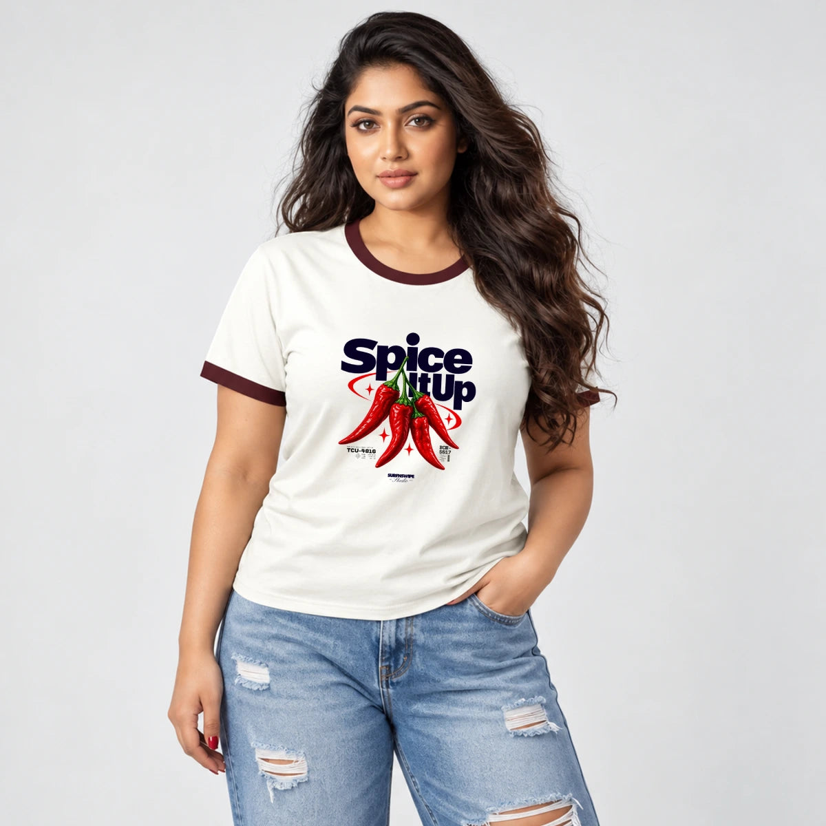 Chili print ringer T-shirt in white with maroon contrast neck and sleeve trim, unisex cotton tee