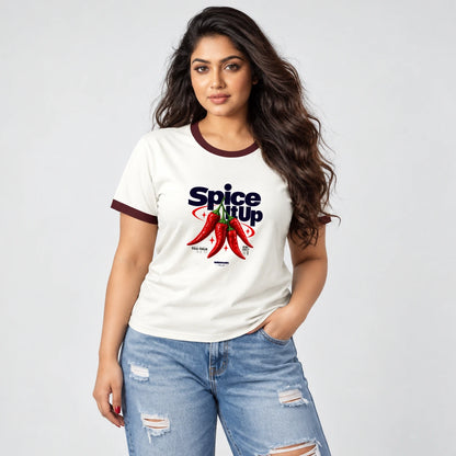 Chili print ringer T-shirt in white with maroon contrast neck and sleeve trim, unisex cotton tee