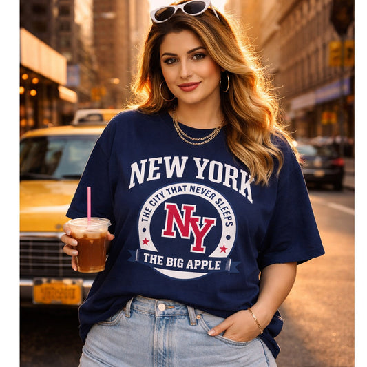 Woman wearing a 'New York' t-shirt on a city street.