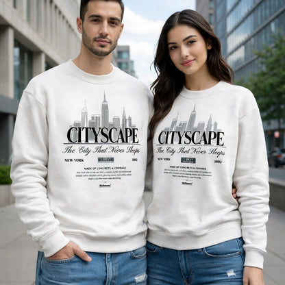Two people wearing white sweatshirts with 'CITYSCAPE' design in an urban setting.